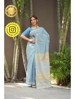 Isadora Life - Blue Floral Pre-Draped Saree with Unstitched Blouse