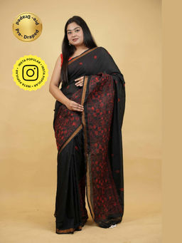 Isadora Life - Black Embroidered Pre-Draped Saree with Unstitched Blouse