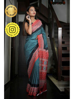 Isadora Life - Teal Geometric Pre-Draped Saree with Unstitched Blouse