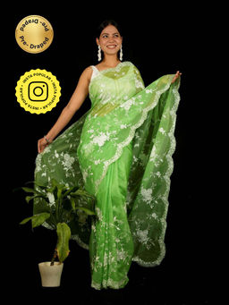 Isadora Life - Green Floral Pre-Draped Saree with Unstitched Blouse
