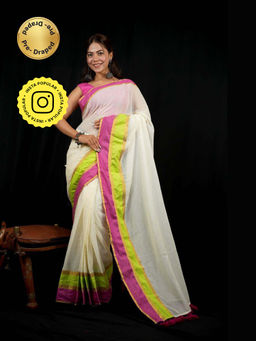 Isadora Life - White Stripes Pre-Draped Saree with Unstitched Blouse