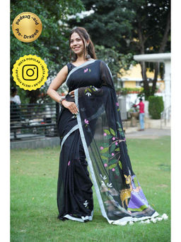 Isadora Life - Black Floral Pre-Draped Saree with Unstitched Blouse