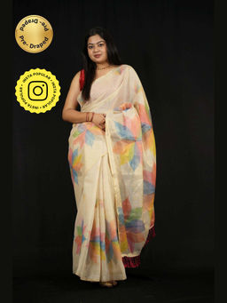 Isadora Life - Beige Floral Pre-Draped Saree with Unstitched Blouse