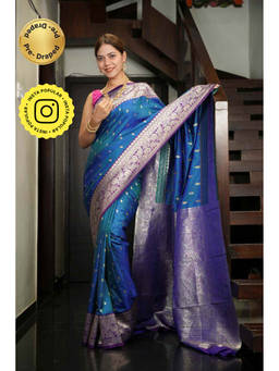 Isadora Life - Blue Floral Pre-Draped Saree with Unstitched Blouse