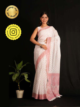 Isadora Life - White Floral Pre-Draped Saree with Unstitched Blouse