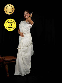 Isadora Life - White Solid Pre-Draped Saree with Unstitched Blouse