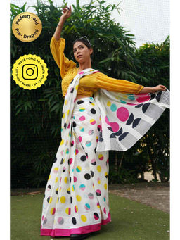 Isadora Life - White Polka Dots Pre-Draped Saree with Unstitched Blouse