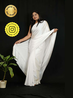 Isadora Life - White Solid Pre-Draped Saree with Unstitched Blouse