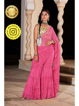 MONK & MEI - Issh Pink-Sharara Fusion Saree With Stitched Blouse