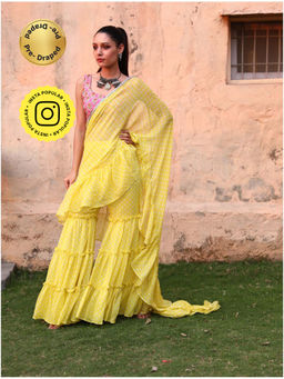 MONK & MEI - Issh Yellow-Sharara Fusion Saree With Stitched Blouse