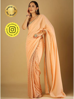 MONK & MEI - Sultana-Saree With Stitched Blouse-Peach Pink