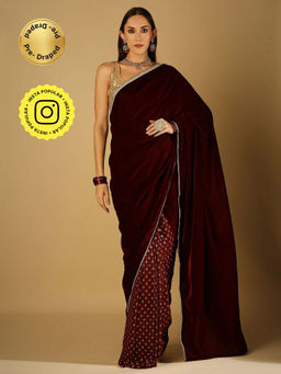 MONK & MEI - Sultana-Saree With Stitched Blouse- Maroon