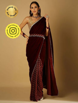 MONK & MEI - Sultana-Saree With Stitched Blouse And Belt- Maroon