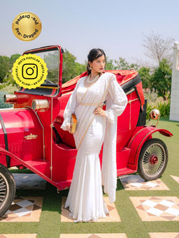 MONK & MEI - Madhubala Chikankari Fishcut Saree with Belt & Stitched Blouse- White (Set of 3)