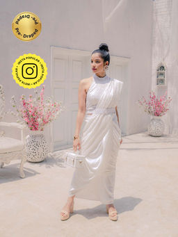 MONK & MEI - Karishma Chikankari Dhoti Saree with Stitched Blouse- White (Set of 2)
