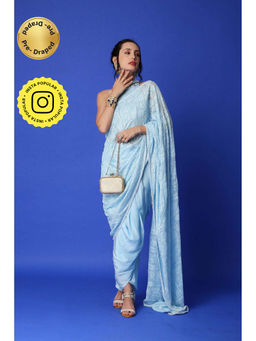 MONK & MEI - Karishma Chikankari Dhoti Saree & Blouse - Ice Blue