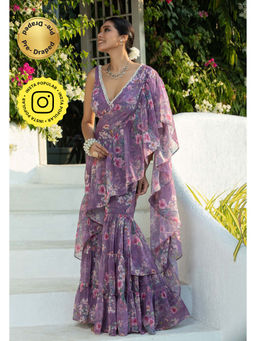 MONK & MEI - Dandelion Purple Pre-Draped Saree with Stitched Blouse