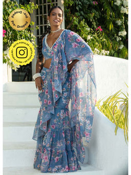 MONK & MEI - Dandelion Blue Pre-Draped Saree with Stitched Blouse