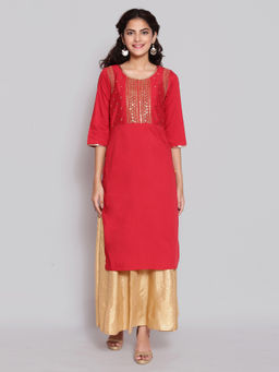 Aurelia - Red Round Neck Solid Straight Kurta