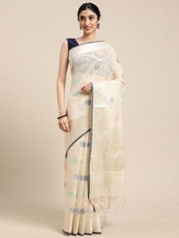 Banarasi Silk Works - Beige Masrise Cotton Tilfi Jaal Zari Border Tassar Blouse with Unstitched Blouse