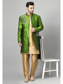 UTSAV FASHION - Green Art Silk Embellished Sherwani With Kurta & Pant