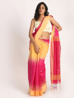 Angoshobha - Deep Pink & Yellow Cotton Blended Handloom Jamdani Saree with Unstitched Blouse