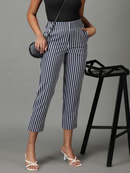 SHOWOFFFF - Women's Mid-rise Navy Blue Striped Straight Fit Formal Trousers