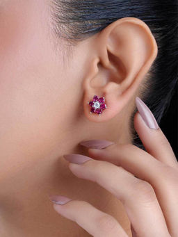 Zavya - Pink Floral Rhodium Plated 925 Sterling Silver Earrings