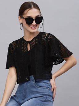 Style Quotient - Women Black Self Design Lace Open Front Smart Casual Shrug