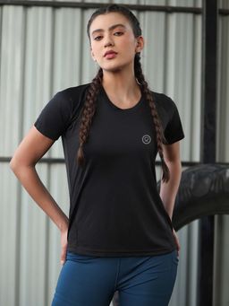 CHKOKKO - Women Black Half Sleeve Gym T-Shirt