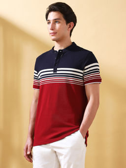 Dennis Lingo - Men Stripes Cotton Regular Fit Maroon T-Shirt