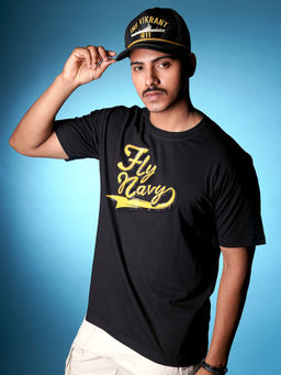 A47 - Indian Naval Aviation Fly Navy Black Oversized T-Shirt