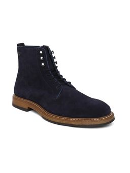 MASABIH - Navy Genuine Suede Leather Lace Up Boots for Men with Zip Fastening