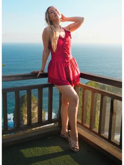 Keepfit - Women's Ruffled Neck Red Swimsuit