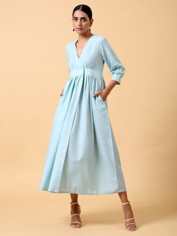 trueBrowns - Cotton Linen Light Blue Wrap Dress