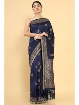 Soch - Women Navy Blue Silk Woven Saree with Unstitched Blouse
