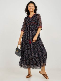 Styli - Multi-color 3/4 Sleeves Floral A-line Maxi Dress With Embroidered Detail