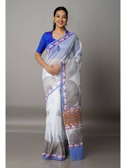 Unnati Silks - White Banarasi Block Printed Cotton Silk Saree with Unstitched Blouse