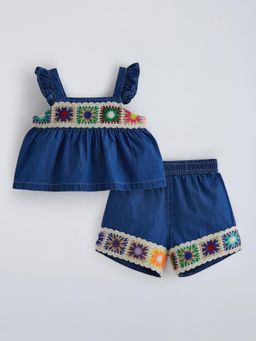 Hopscotch - Blue Embroidered Square Neck Top And Short