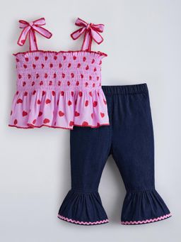 Hopscotch - Pink Printed Square Neck Top And Jeans