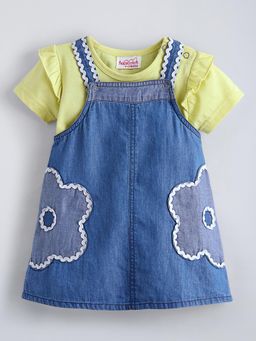 Hopscotch - Yellow Embroidered Square Neck Dress with T-shirt