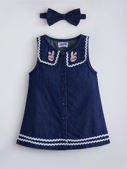 Hopscotch - Blue Embroidered Round Neck Dress With Headband