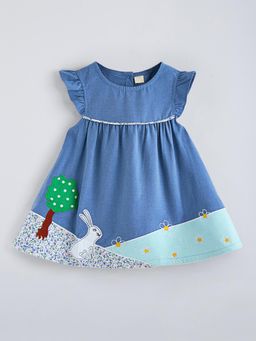 Hopscotch - Blue Printed Round Neck Dress