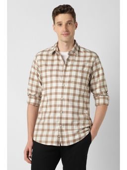 Peter England - Men Beige Slim Fit Check Full Sleeves Casual Shirt