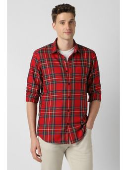 Peter England - Men Red Slim Fit Check Full Sleeves Casual Shirt