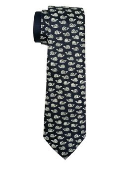 The Tie Hub - Navy Blue with White Printed Whale Pure Silk Neck Tie