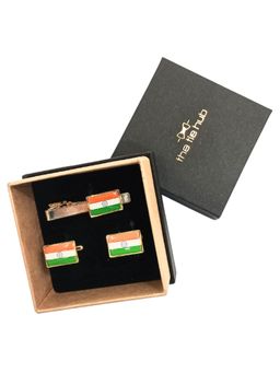The Tie Hub - Tri Color India Flag Rectangular Shape Cufflink & Tie Bar Set