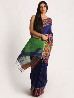 Angoshobha - Navy Blue Handloom Cotton Tangail Saree with Unstitched Blouse