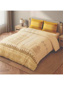 SPACES - Godna Beige Ornate 100% Cotton 300 Tc Large Bedsheet With Pillow Covers