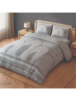 SPACES - Patachitra Light Grey Ornate 100% Cotton 300 Tc Large Bedsheet with Pillow Covers